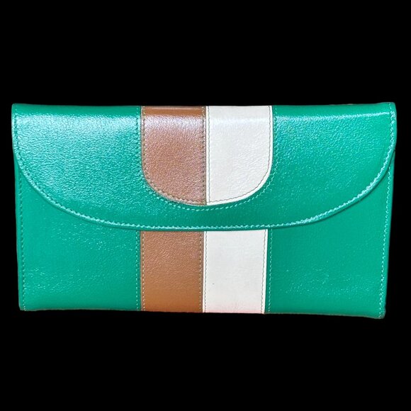 VTG Don Loper Beverly Hills Leather Mod MCM Wallet Green Brown Bone Vintage NWT - Picture 1 of 9